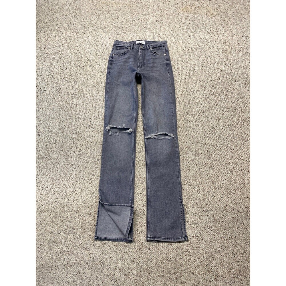Zara High-Rise Straight Leg Side Split Hem Washed Gray Distressed Size 4 - Picture 2 of 9